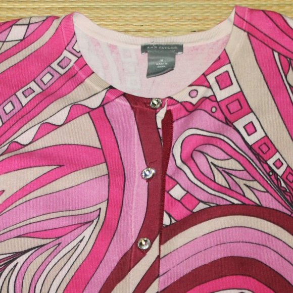 Ann Taylor Pink Mod Swirl Crystal Buttons Silk Blend Cardigan Sweater - Picture 3 of 10